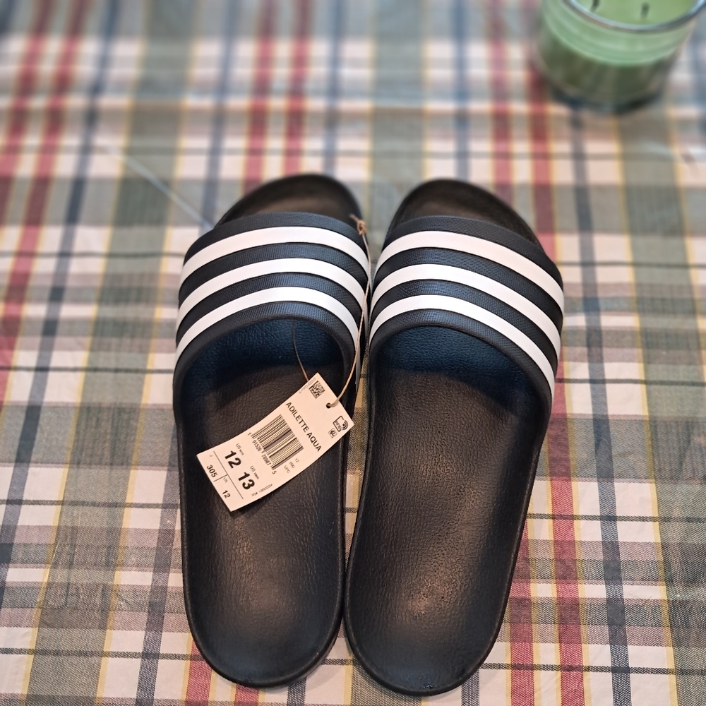 Adidas Men's Size 12 Black Slide Sandals with White Stripes
